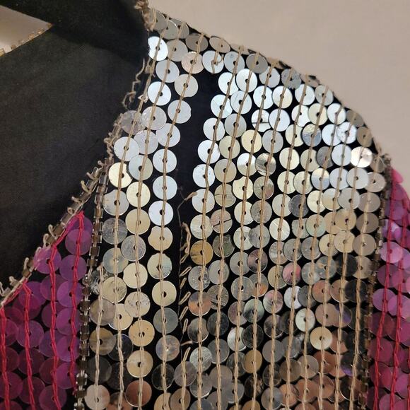 JLB Paris 100% Silk Sequin Short‑Sleeve Top L Pink Silver Gold Wave Party Blouse - Picture 4 of 14